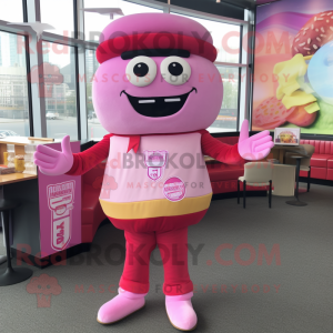 Pink Burgers mascot costume character dressed with a Henley Tee and Ties