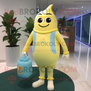 Lemon Yellow Bottle Of Milk mascot costume character dressed with a Corduroy Pants and Briefcases