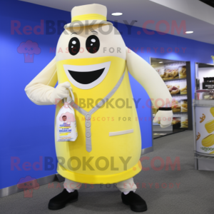 Lemon Yellow Bottle Of Milk mascot costume character dressed with a Corduroy Pants and Briefcases