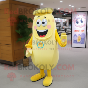 Lemon Yellow Bottle Of Milk mascot costume character dressed with a Corduroy Pants and Briefcases