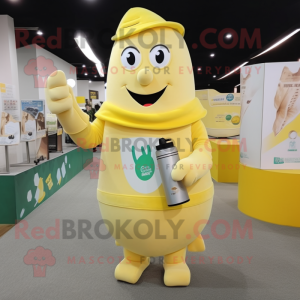 Lemon Yellow Bottle Of Milk mascot costume character dressed with a Corduroy Pants and Briefcases