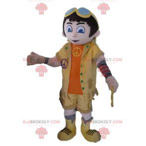 Boy mascot in yellow and orange outfit with glasses -