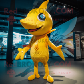 Yellow Swordfish mascot costume character dressed with a Skinny Jeans and Rings