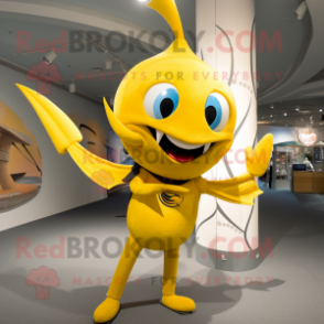 Yellow Swordfish mascot costume character dressed with a Skinny Jeans and Rings