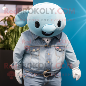 Turquoise Beluga Whale mascot costume character dressed with a Denim Shirt and Necklaces