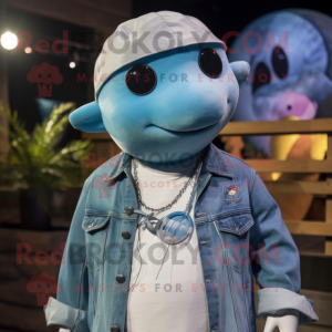 Turquoise Beluga Whale mascot costume character dressed with a Denim Shirt and Necklaces