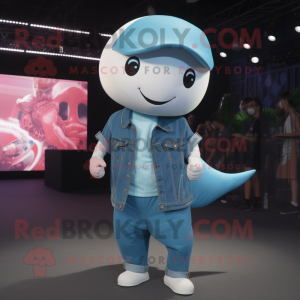 Turquoise Beluga Whale mascot costume character dressed with a Denim Shirt and Necklaces