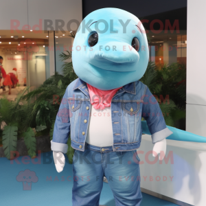 Turquoise Beluga Whale mascot costume character dressed with a Denim Shirt and Necklaces