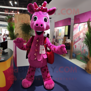 Magenta Giraffe mascot costume character dressed with a Midi Dress and Messenger bags