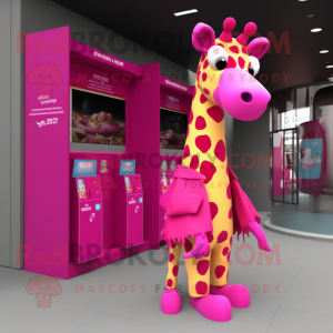 Magenta Giraffe mascot costume character dressed with a Midi Dress and Messenger bags