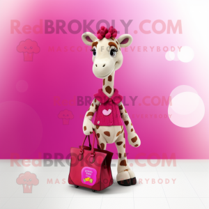 Magenta Giraffe mascot costume character dressed with a Midi Dress and Messenger bags
