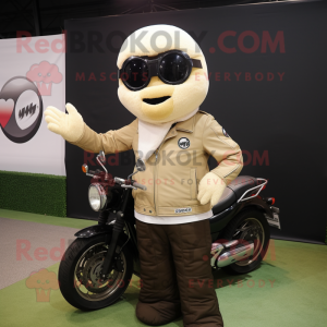 Beige Golf Ball mascot costume character dressed with a Biker Jacket and Watches