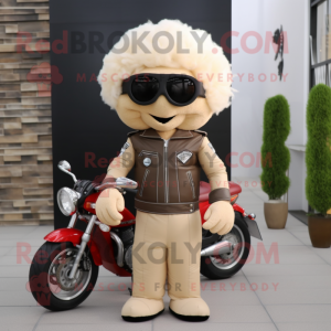 Beige Golf Ball mascot costume character dressed with a Biker Jacket and Watches