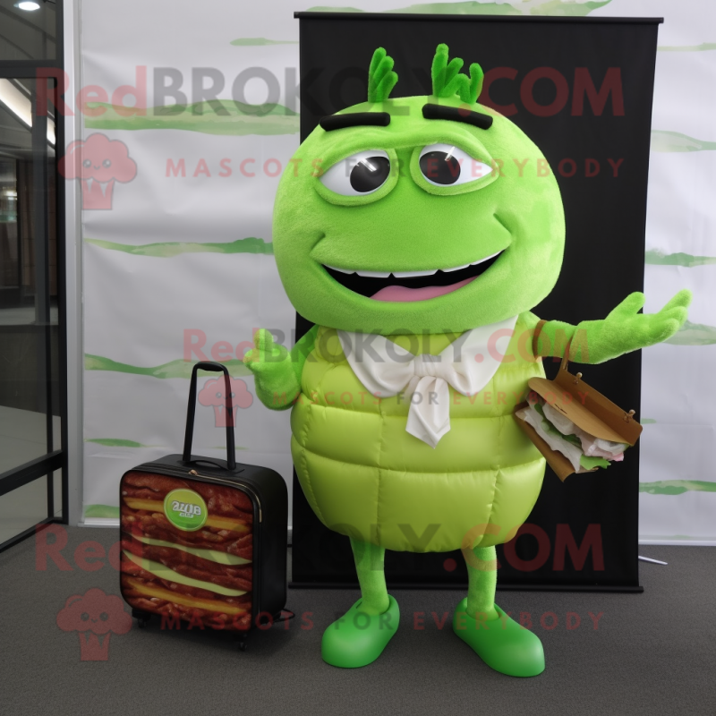 Lime Green Pulled Pork Sandwich mascot costume character dressed with a Midi Dress and Briefcases Lime Green Pulled Pork Sandwich mascot costume character dressed with a Midi Dress and Briefcases