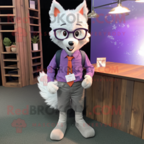 Lavender Fox mascot costume character dressed with a Henley Tee and Reading glasses