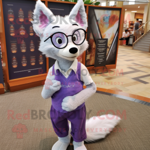 Lavender Fox mascot costume character dressed with a Henley Tee and Reading glasses