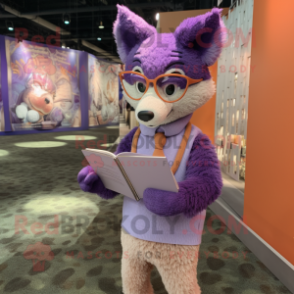 Lavender Fox mascot costume character dressed with a Henley Tee and Reading glasses