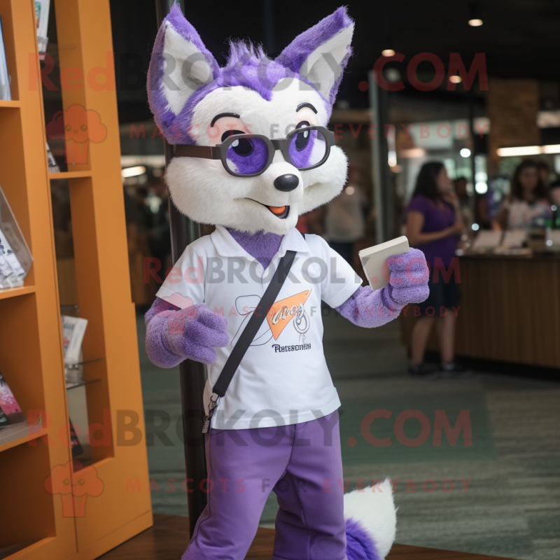 Lavender Fox mascot costume character dressed with a Henley Tee and Reading glasses