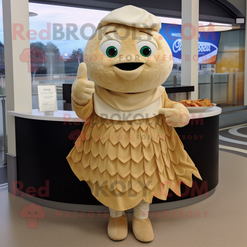 Beige Fish And Chips mascot costume character dressed with a Pleated Skirt and Mittens