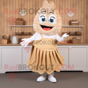 Beige Fish And Chips mascot costume character dressed with a Pleated Skirt and Mittens