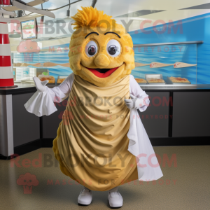 Beige Fish And Chips mascot costume character dressed with a Pleated Skirt and Mittens