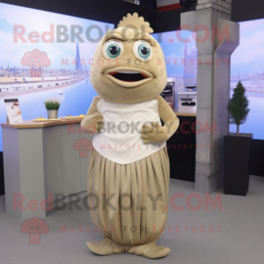 Beige Fish And Chips mascot costume character dressed with a Pleated Skirt and Mittens