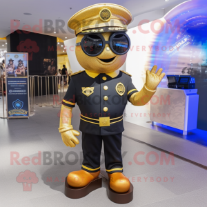 Gold Police Officer mascot costume character dressed with a Suit Pants and Eyeglasses