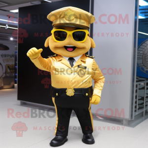 Gold Police Officer mascot costume character dressed with a Suit Pants and Eyeglasses