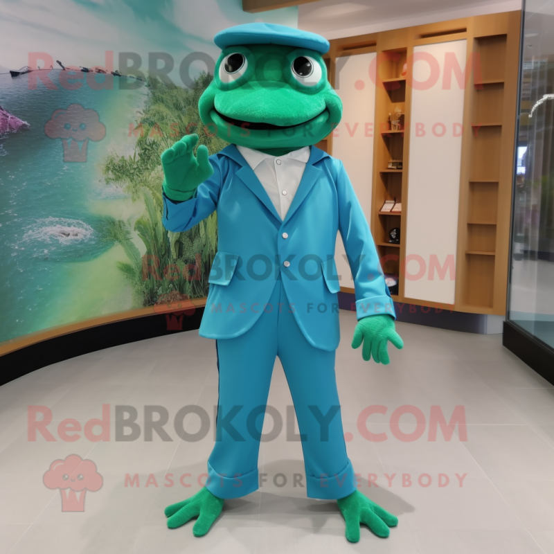 Teal Frog mascot costume character dressed with a Dress Pants and Cummerbunds
