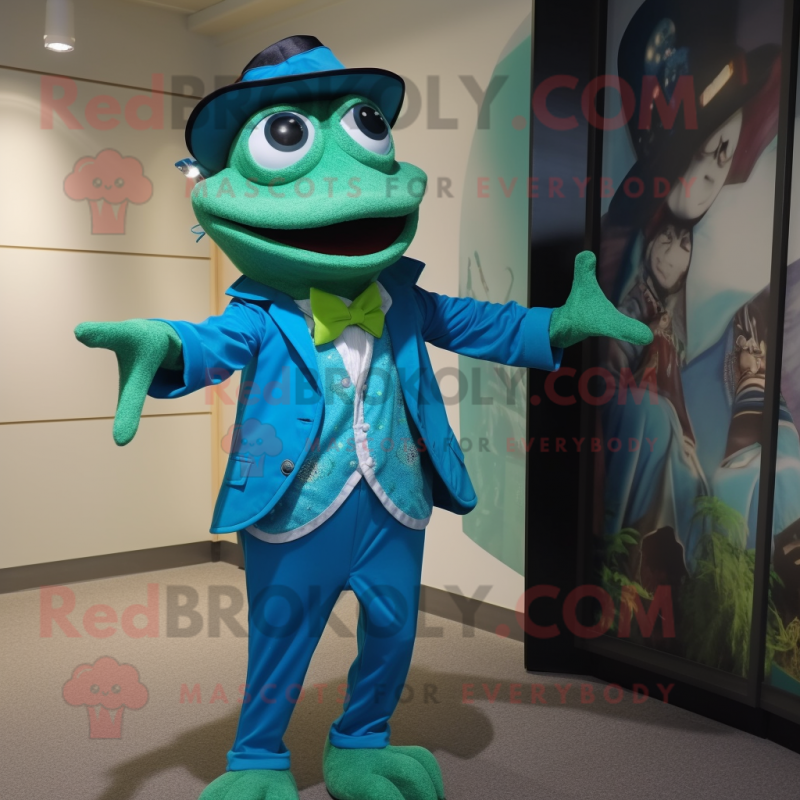 Teal Frog mascot costume character dressed with a Dress Pants and Cummerbunds Teal Frog mascot costume character dressed with a Dress Pants and Cummerbunds