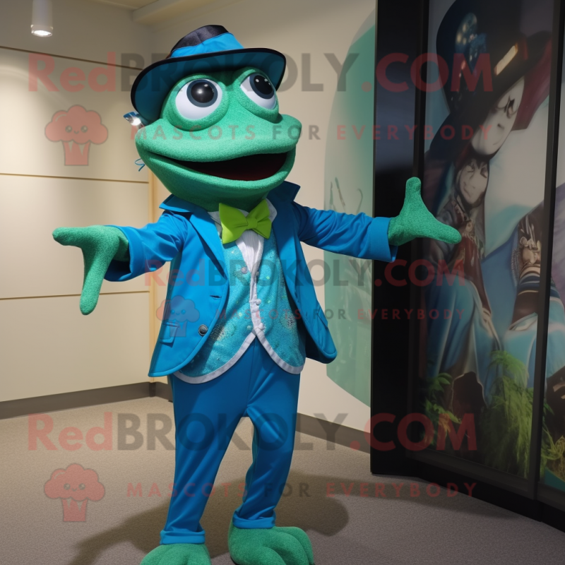 Teal Frog mascot costume character dressed with a Dress Pants and Cummerbunds