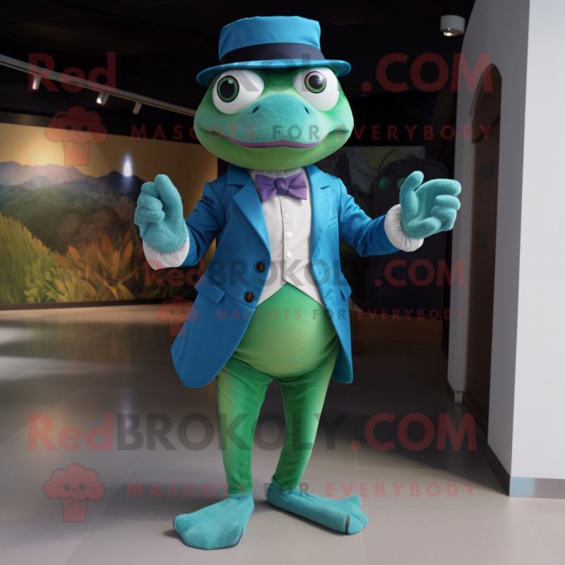 Teal Frog mascot costume character dressed with a Dress Pants and Cummerbunds