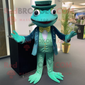 Teal Frog mascot costume character dressed with a Dress Pants and Cummerbunds