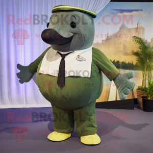 Olive Humpback Whale mascot costume character dressed with a Cargo Pants and Bow ties