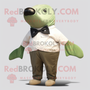 Olive Humpback Whale mascot costume character dressed with a Cargo Pants and Bow ties