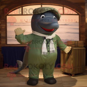 Olive Humpback Whale mascot costume character dressed with a Cargo Pants and Bow ties