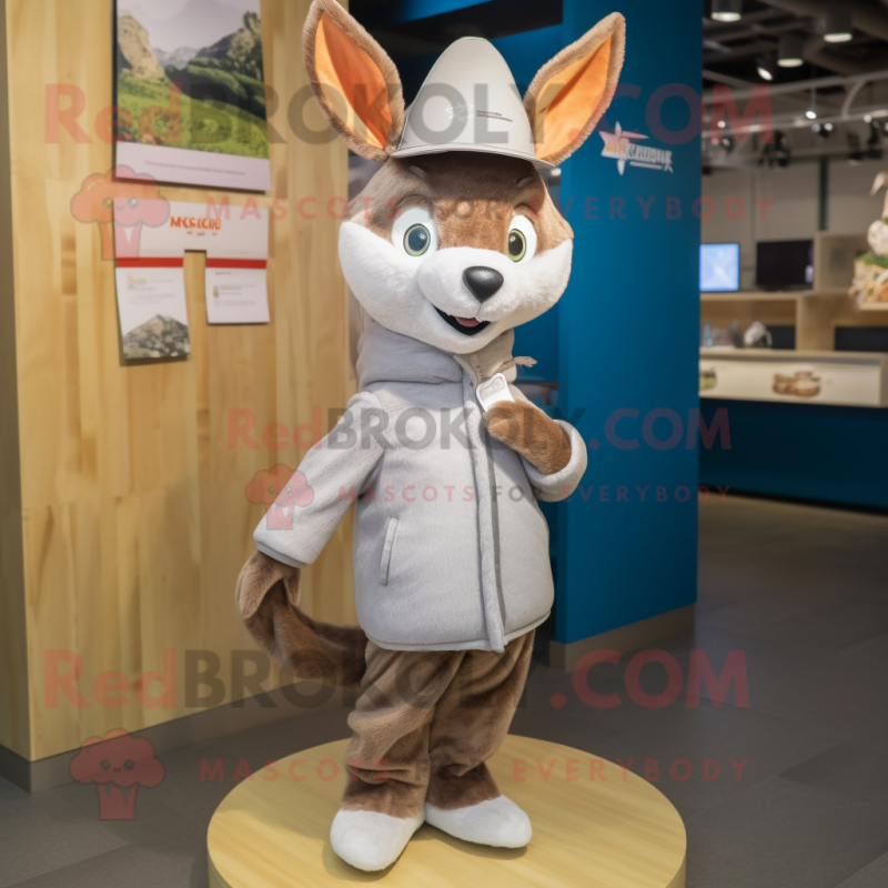 Gray Roe Deer mascot costume character dressed with a Coat and Caps