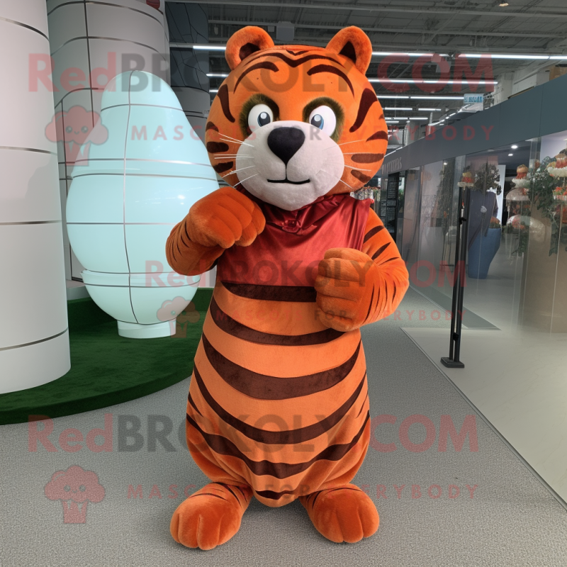 Rust Tiger mascot costume character dressed with a Ball Gown and Headbands