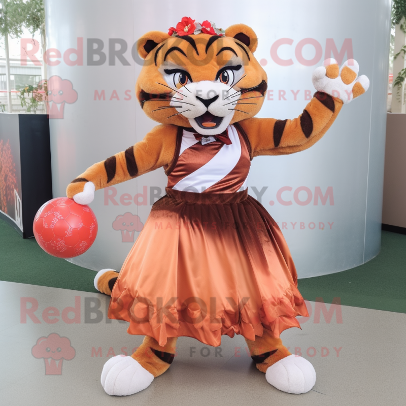 Rust Tiger mascot costume character dressed with a Ball Gown and Headbands