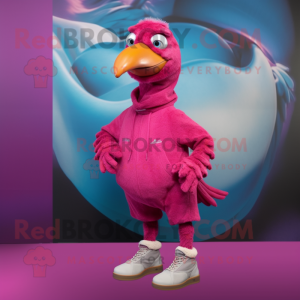 Magenta Dodo Bird mascot costume character dressed with a Long Sleeve Tee and Shoe laces