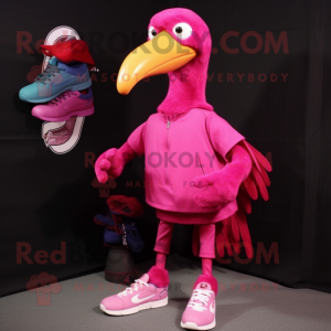 Magenta Dodo Bird mascot costume character dressed with a Long Sleeve Tee and Shoe laces