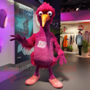 Magenta Dodo Bird mascot costume character dressed with a Long Sleeve Tee and Shoe laces