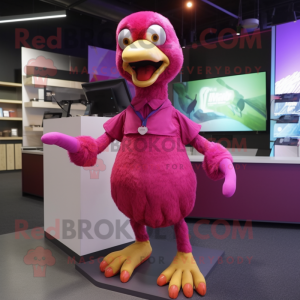 Magenta Dodo Bird mascot costume character dressed with a Long Sleeve Tee and Shoe laces