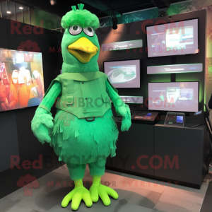 Green Hens mascot costume character dressed with a Cover-up and Smartwatches