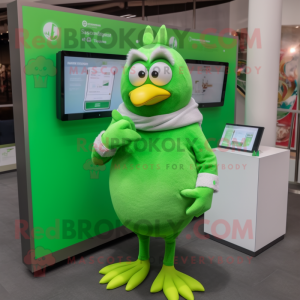 Green Hens mascot costume character dressed with a Cover-up and Smartwatches