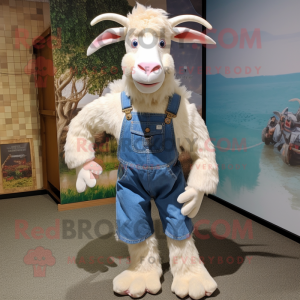 White Boer Goat mascot costume character dressed with a Overalls and Hair clips