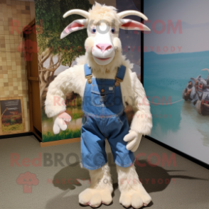 White Boer Goat mascot costume character dressed with a Overalls and Hair clips