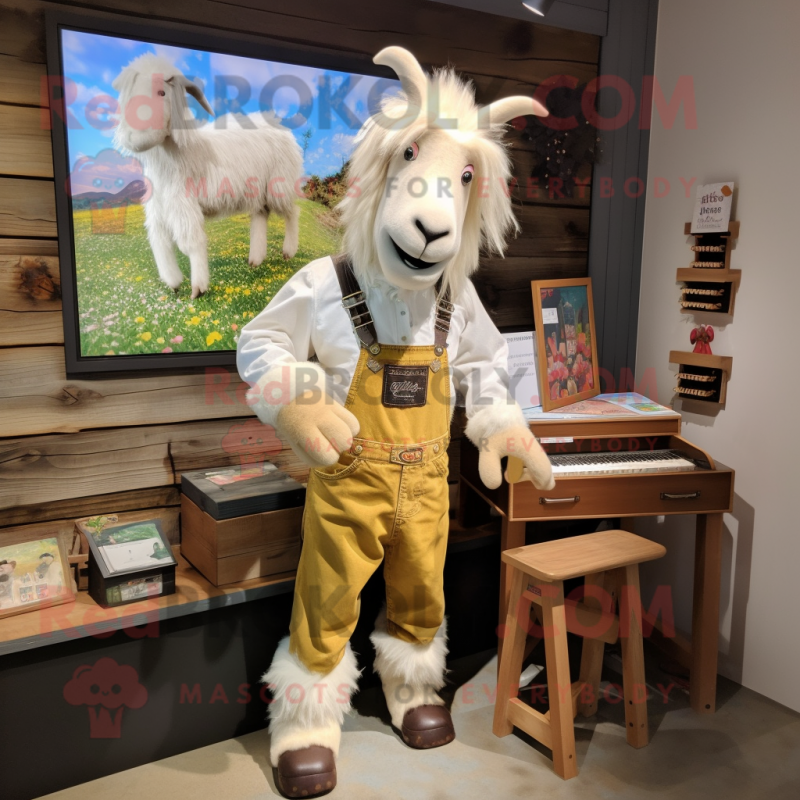 White Boer Goat mascot costume character dressed with a Overalls and Hair clips