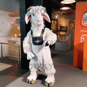 White Boer Goat mascot costume character dressed with a Overalls and Hair clips