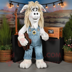 White Boer Goat mascot costume character dressed with a Overalls and Hair clips